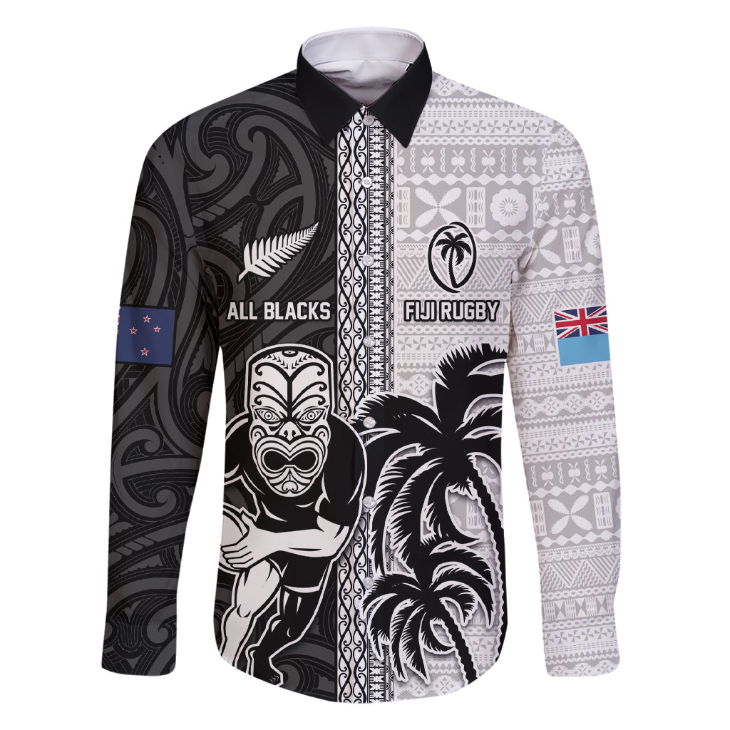 Custom Fiji and New Zealand Rugby Family Matching Short Sleeve Bodycon Dress and Hawaiian Shirt Tapa Mix Maori Pattern LT03 Dad's Shirt - Long Sleeve Black - Polynesian Pride