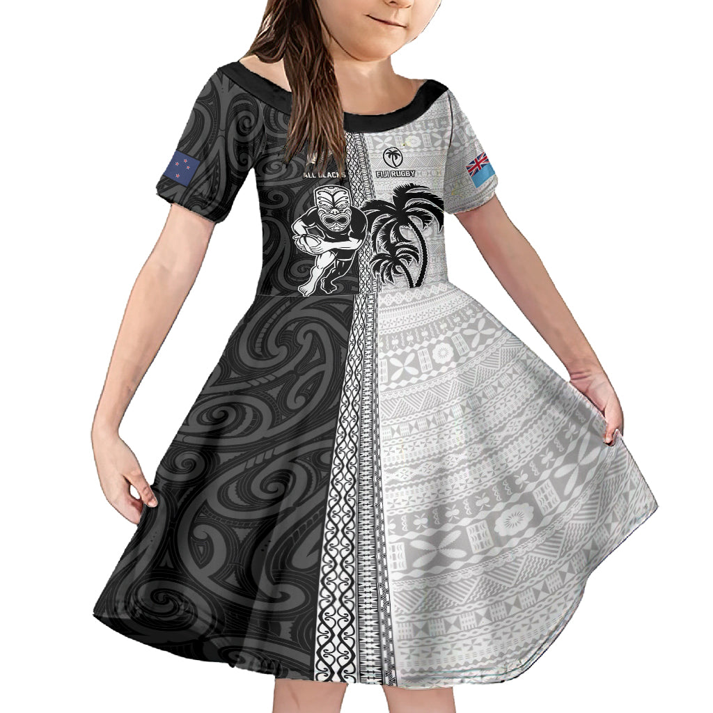 Custom Fiji and New Zealand Rugby Family Matching Summer Maxi Dress and Hawaiian Shirt Tapa Mix Maori Pattern LT03 Daughter's Dress Black - Polynesian Pride