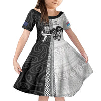 Custom Fiji and New Zealand Rugby Family Matching Tank Maxi Dress and Hawaiian Shirt Tapa Mix Maori Pattern LT03 Daughter's Dress Black - Polynesian Pride