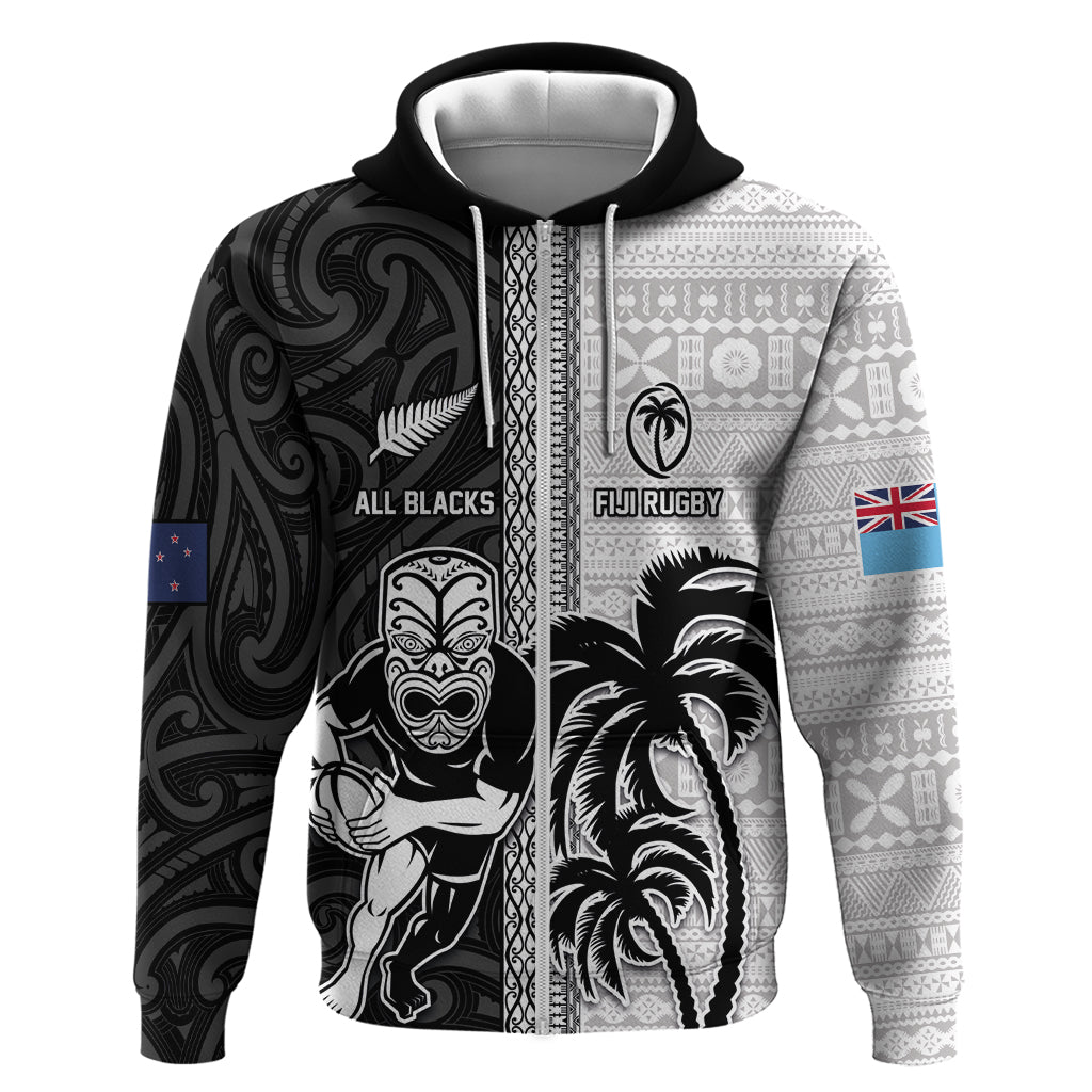 Custom Fiji and New Zealand Rugby Hoodie Tapa Mix Maori Pattern LT03 Zip Hoodie Black - Polynesian Pride