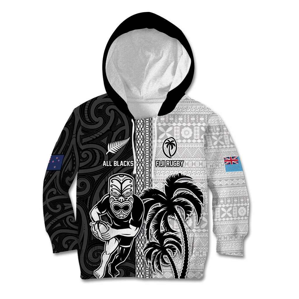 Custom Fiji and New Zealand Rugby Kid Hoodie Tapa Mix Maori Pattern LT03 Hoodie Black - Polynesian Pride