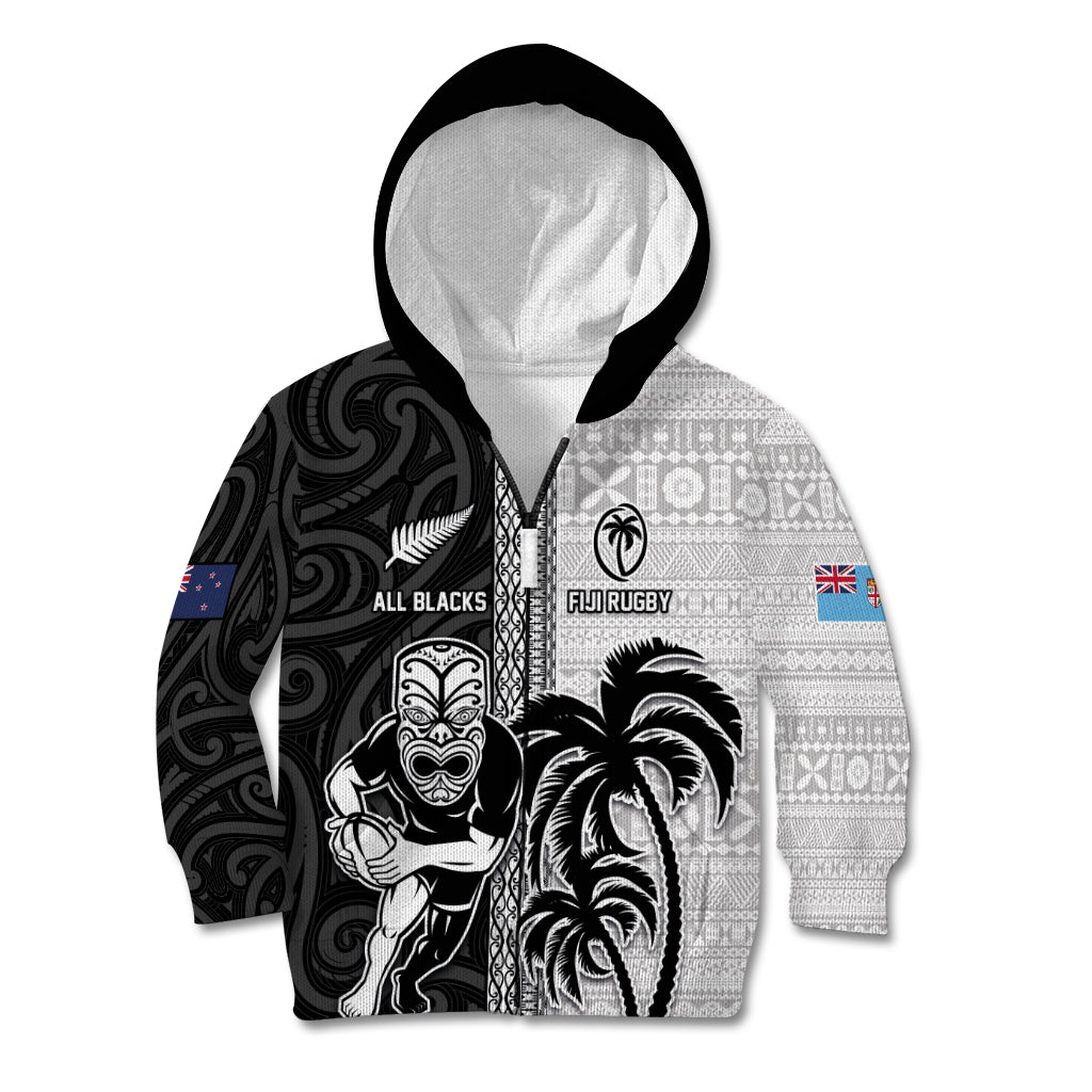 Custom Fiji and New Zealand Rugby Kid Hoodie Tapa Mix Maori Pattern LT03 Zip Hoodie Black - Polynesian Pride