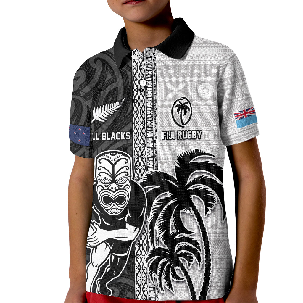 Custom Fiji and New Zealand Rugby Kid Polo Shirt Tapa Mix Maori Pattern LT03 Kid Black - Polynesian Pride