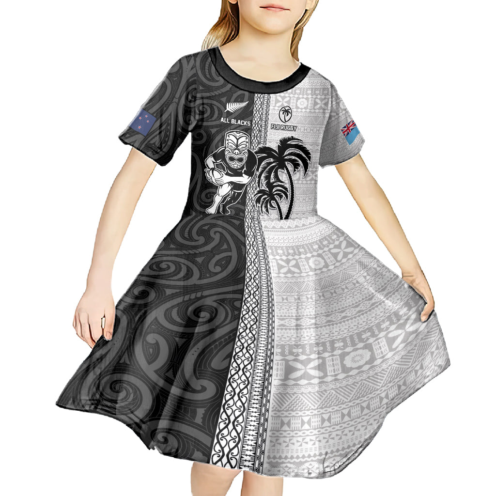 Custom Fiji and New Zealand Rugby Kid Short Sleeve Dress Tapa Mix Maori Pattern LT03 - Polynesian Pride