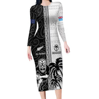 Custom Fiji and New Zealand Rugby Long Sleeve Bodycon Dress Tapa Mix Maori Pattern LT03 Long Dress Black - Polynesian Pride