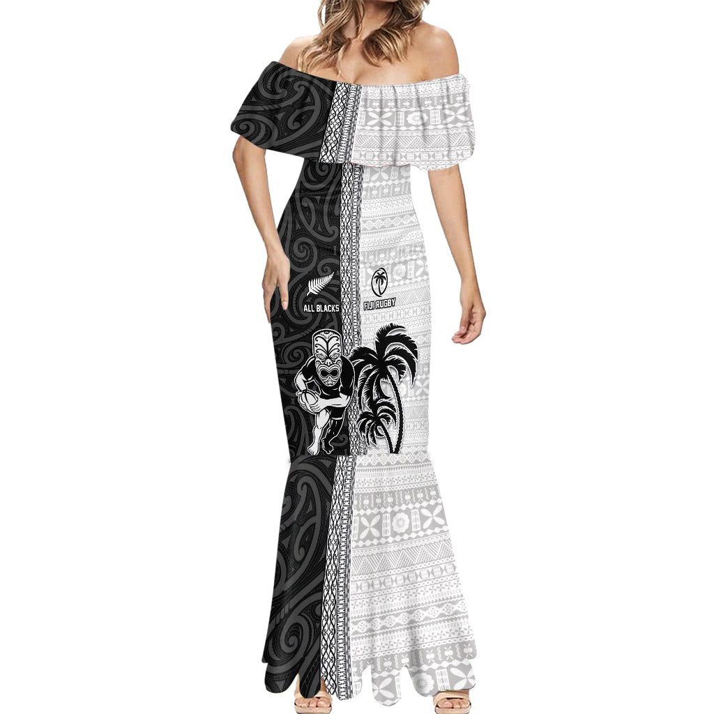 Custom Fiji and New Zealand Rugby Mermaid Dress Tapa Mix Maori Pattern LT03 - Polynesian Pride