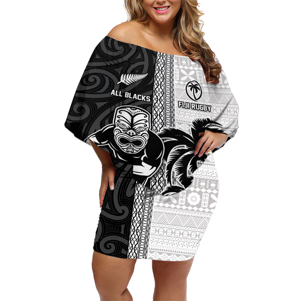 Custom Fiji and New Zealand Rugby Off Shoulder Short Dress Tapa Mix Maori Pattern LT03 Women Black - Polynesian Pride