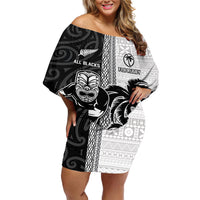 Custom Fiji and New Zealand Rugby Off Shoulder Short Dress Tapa Mix Maori Pattern LT03 Women Black - Polynesian Pride