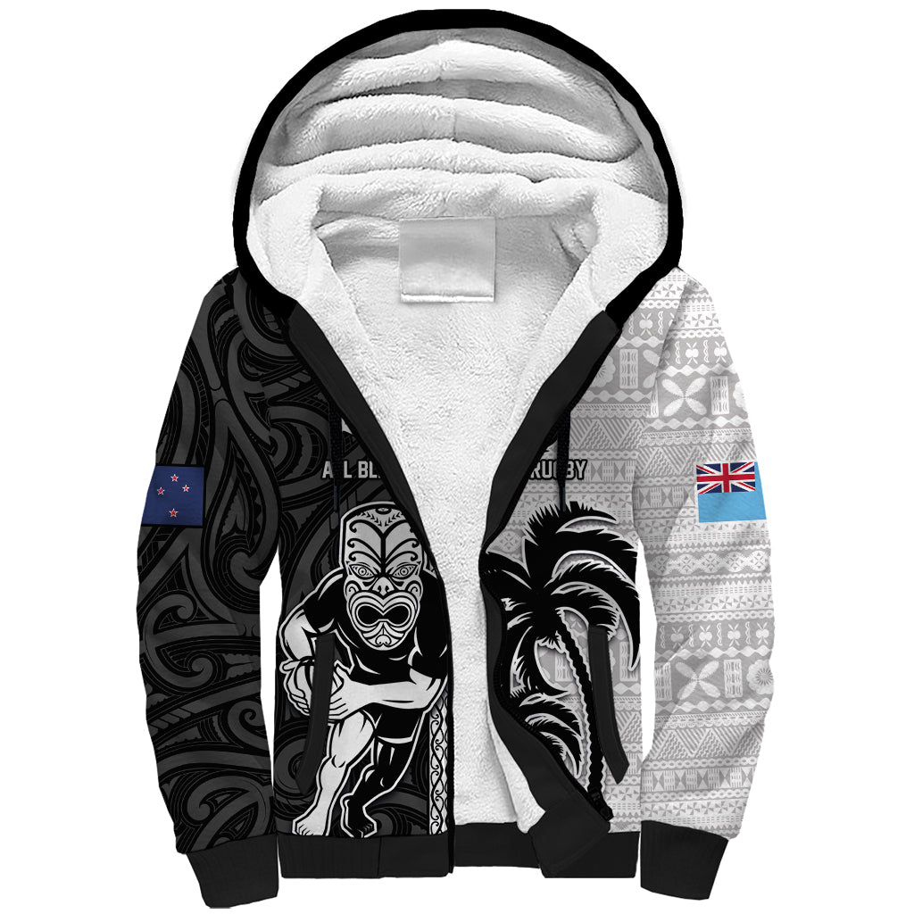 Custom Fiji and New Zealand Rugby Sherpa Hoodie Tapa Mix Maori Pattern LT03 Unisex Black - Polynesian Pride