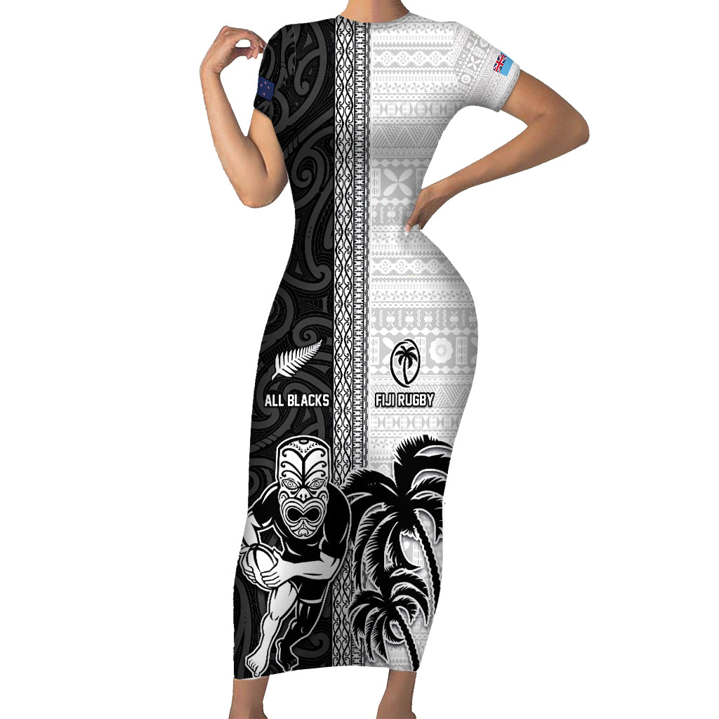 Custom Fiji and New Zealand Rugby Short Sleeve Bodycon Dress Tapa Mix Maori Pattern LT03 Long Dress Black - Polynesian Pride