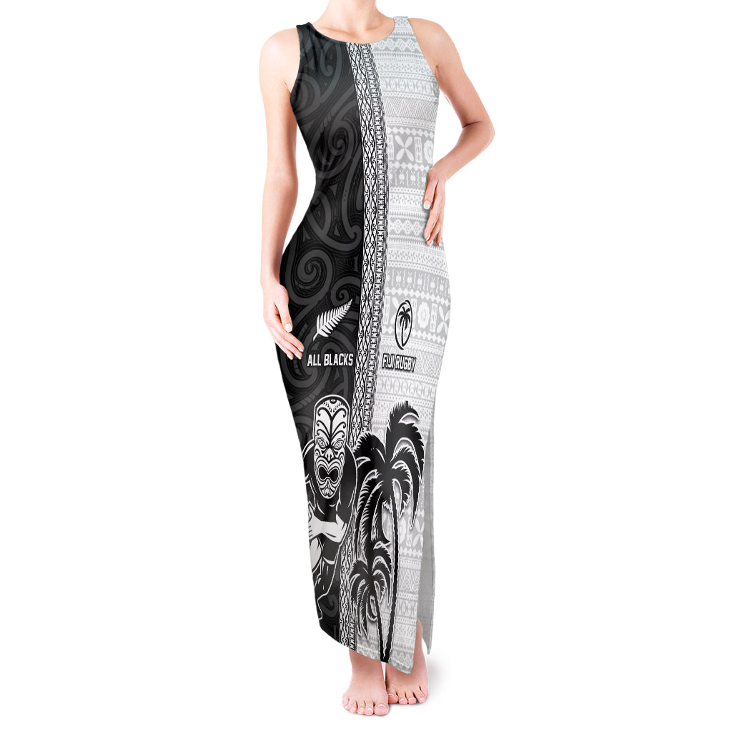 Custom Fiji and New Zealand Rugby Tank Maxi Dress Tapa Mix Maori Pattern LT03 Women Black - Polynesian Pride