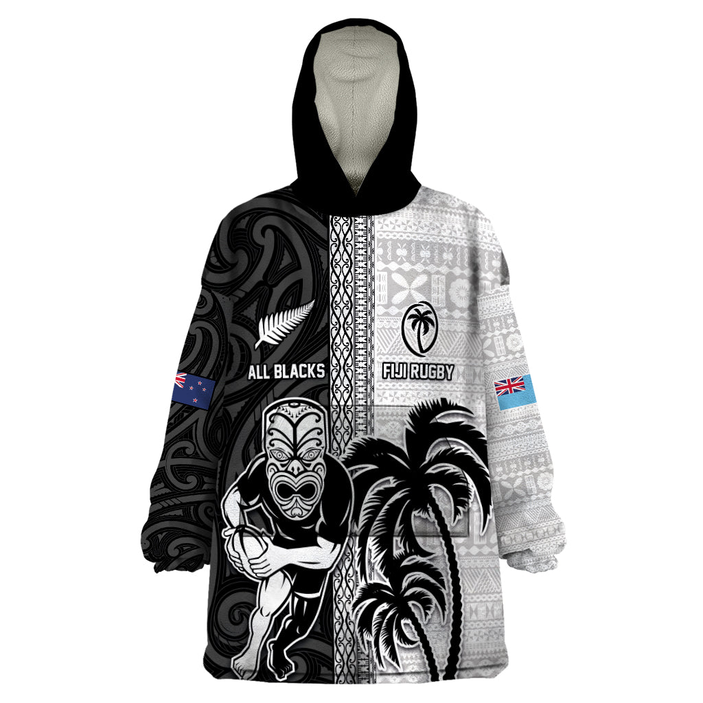 Custom Fiji and New Zealand Rugby Wearable Blanket Hoodie Tapa Mix Maori Pattern LT03 One Size Black - Polynesian Pride