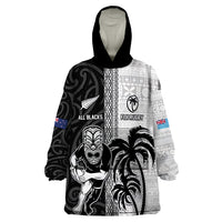 Custom Fiji and New Zealand Rugby Wearable Blanket Hoodie Tapa Mix Maori Pattern LT03 One Size Black - Polynesian Pride