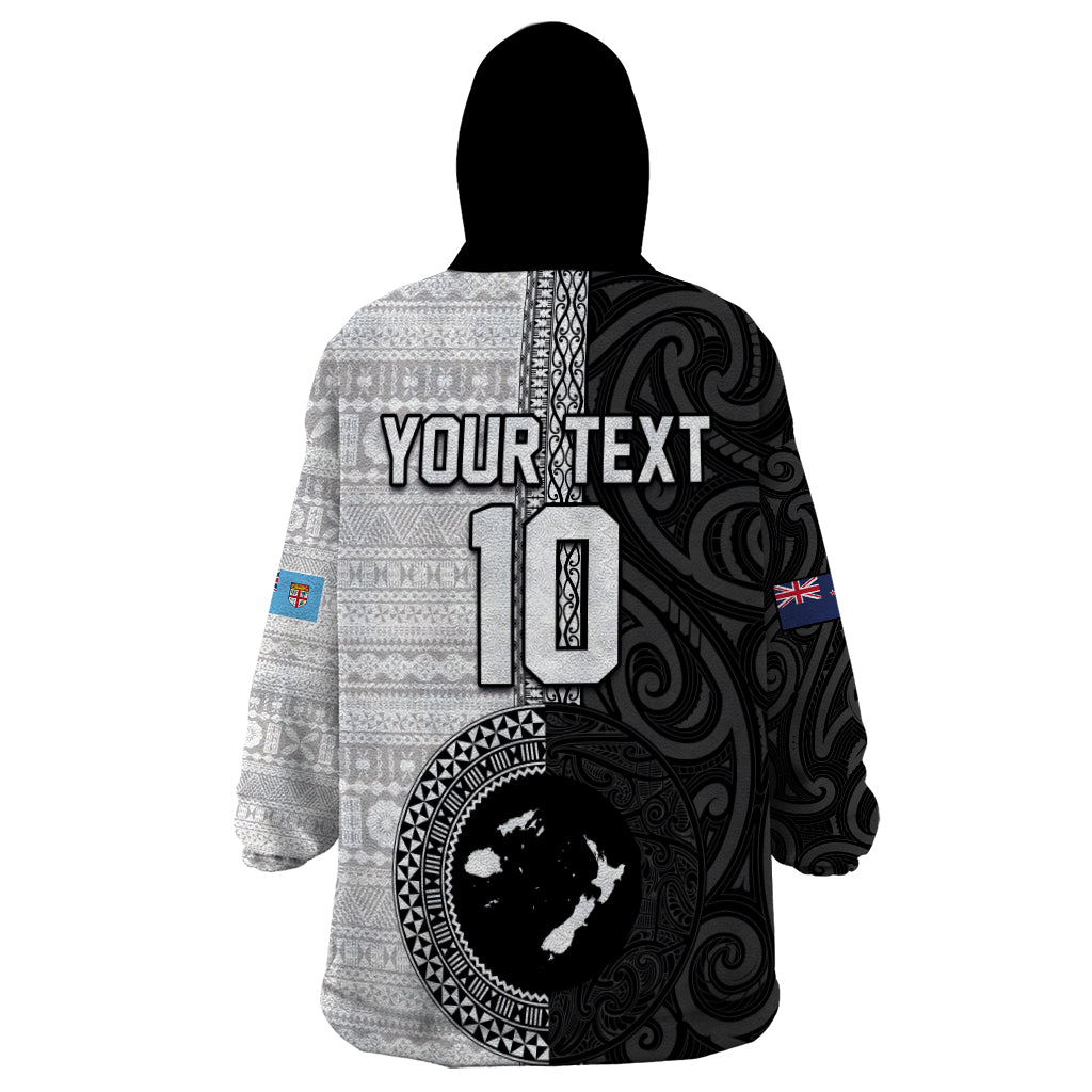 Custom Fiji and New Zealand Rugby Wearable Blanket Hoodie Tapa Mix Maori Pattern LT03 - Polynesian Pride