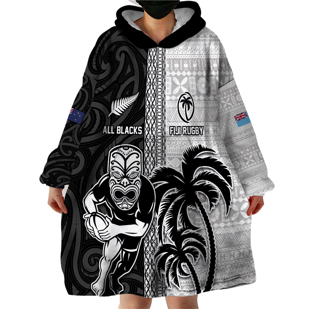Custom Fiji and New Zealand Rugby Wearable Blanket Hoodie Tapa Mix Maori Pattern LT03 - Polynesian Pride