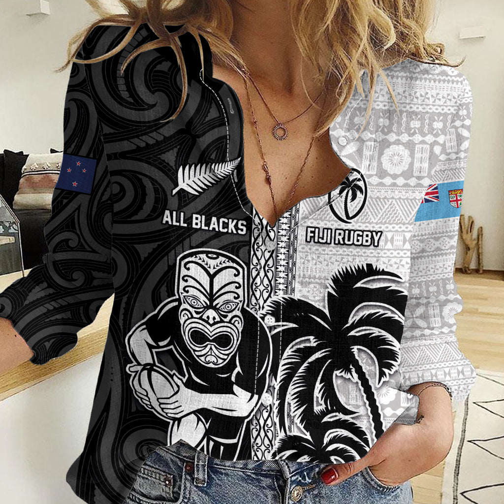 Custom Fiji and New Zealand Rugby Women Casual Shirt Tapa Mix Maori Pattern LT03 Female Black - Polynesian Pride
