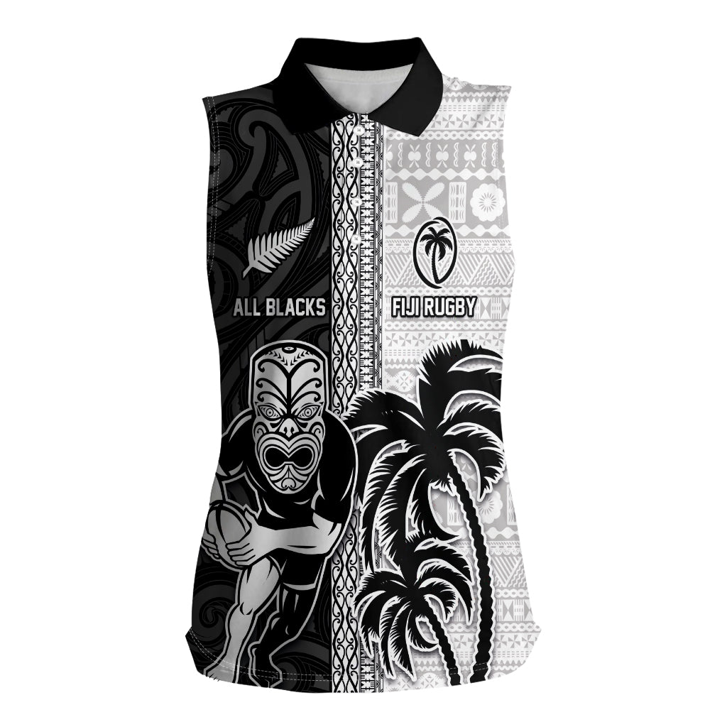 Custom Fiji and New Zealand Rugby Women Sleeveless Polo Shirt Tapa Mix Maori Pattern LT03 Female Black - Polynesian Pride
