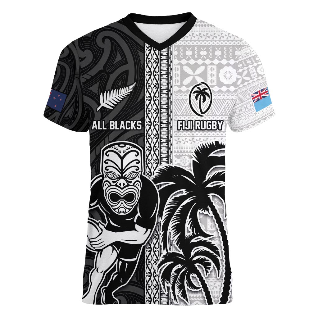 Custom Fiji and New Zealand Rugby Women V-Neck T-Shirt Tapa Mix Maori Pattern LT03 Female Black - Polynesian Pride