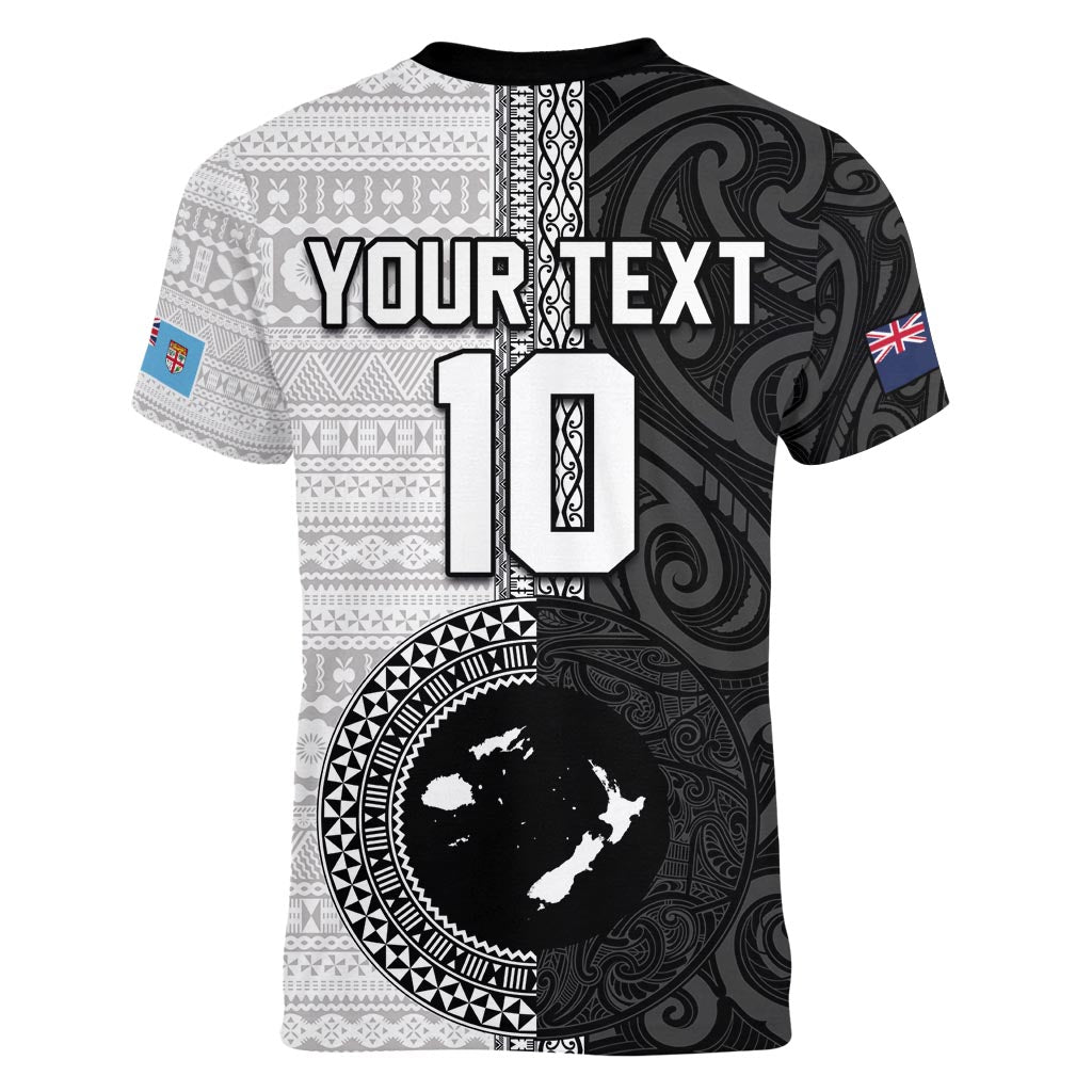 Custom Fiji and New Zealand Rugby Women V-Neck T-Shirt Tapa Mix Maori Pattern LT03 - Polynesian Pride