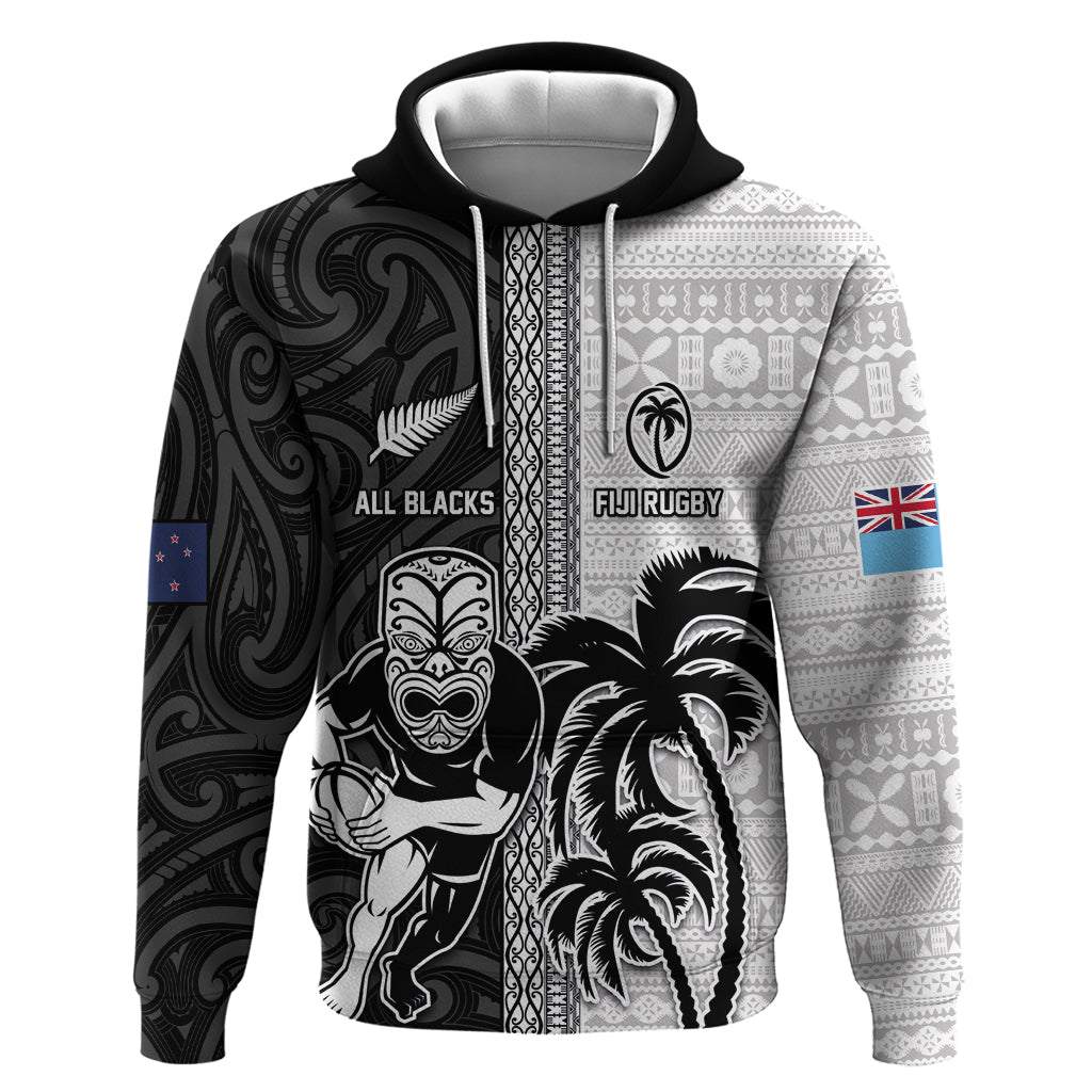 Custom Fiji and New Zealand Rugby Zip Hoodie Tapa Mix Maori Pattern LT03 Pullover Hoodie Black - Polynesian Pride