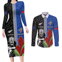 Custom Samoa and New Zealand Rugby Couples Matching Long Sleeve Bodycon Dress and Long Sleeve Button Shirt Teuila Samoan and Maori Warrior LT03 Black - Polynesian Pride