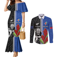 Custom Samoa and New Zealand Rugby Couples Matching Mermaid Dress and Long Sleeve Button Shirt Teuila Samoan and Maori Warrior LT03 Black - Polynesian Pride