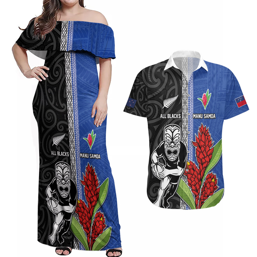 Custom Samoa and New Zealand Rugby Couples Matching Off Shoulder Maxi Dress and Hawaiian Shirt Teuila Samoan and Maori Warrior LT03 Black - Polynesian Pride