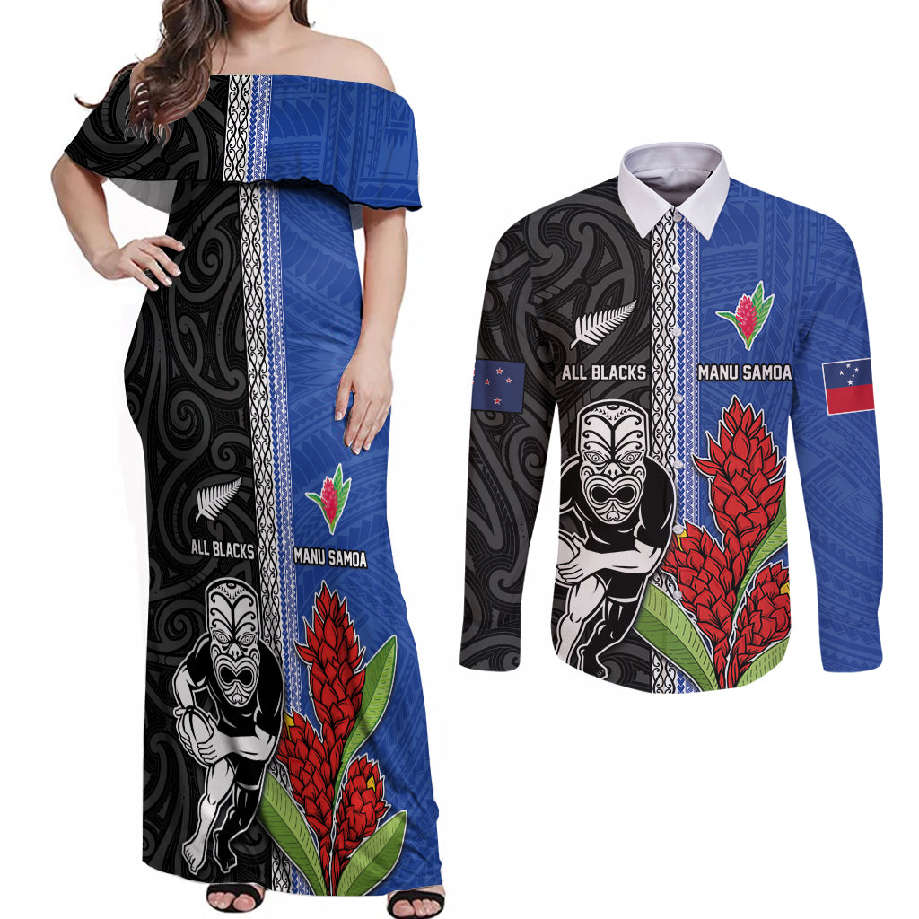 Custom Samoa and New Zealand Rugby Couples Matching Off Shoulder Maxi Dress and Long Sleeve Button Shirt Teuila Samoan and Maori Warrior LT03 Black - Polynesian Pride
