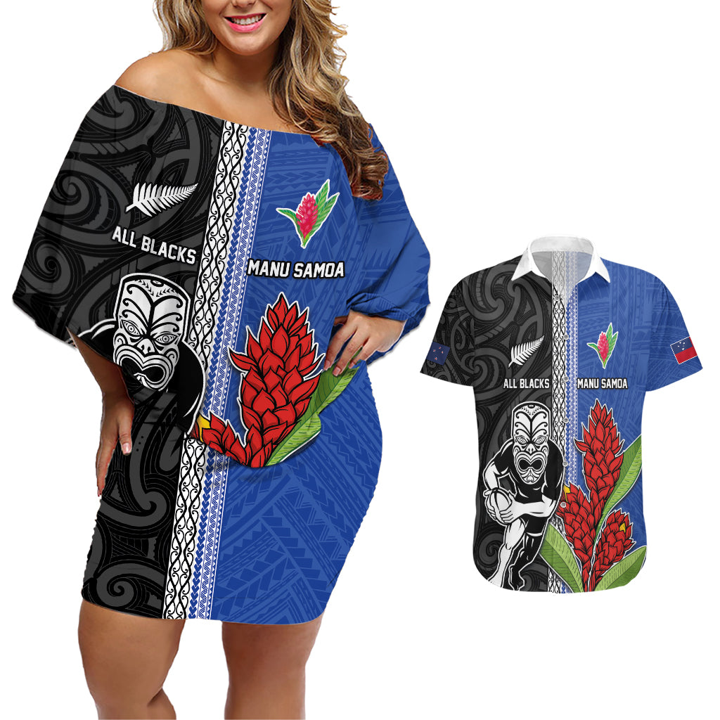 Custom Samoa and New Zealand Rugby Couples Matching Off Shoulder Short Dress and Hawaiian Shirt Teuila Samoan and Maori Warrior LT03 Black - Polynesian Pride