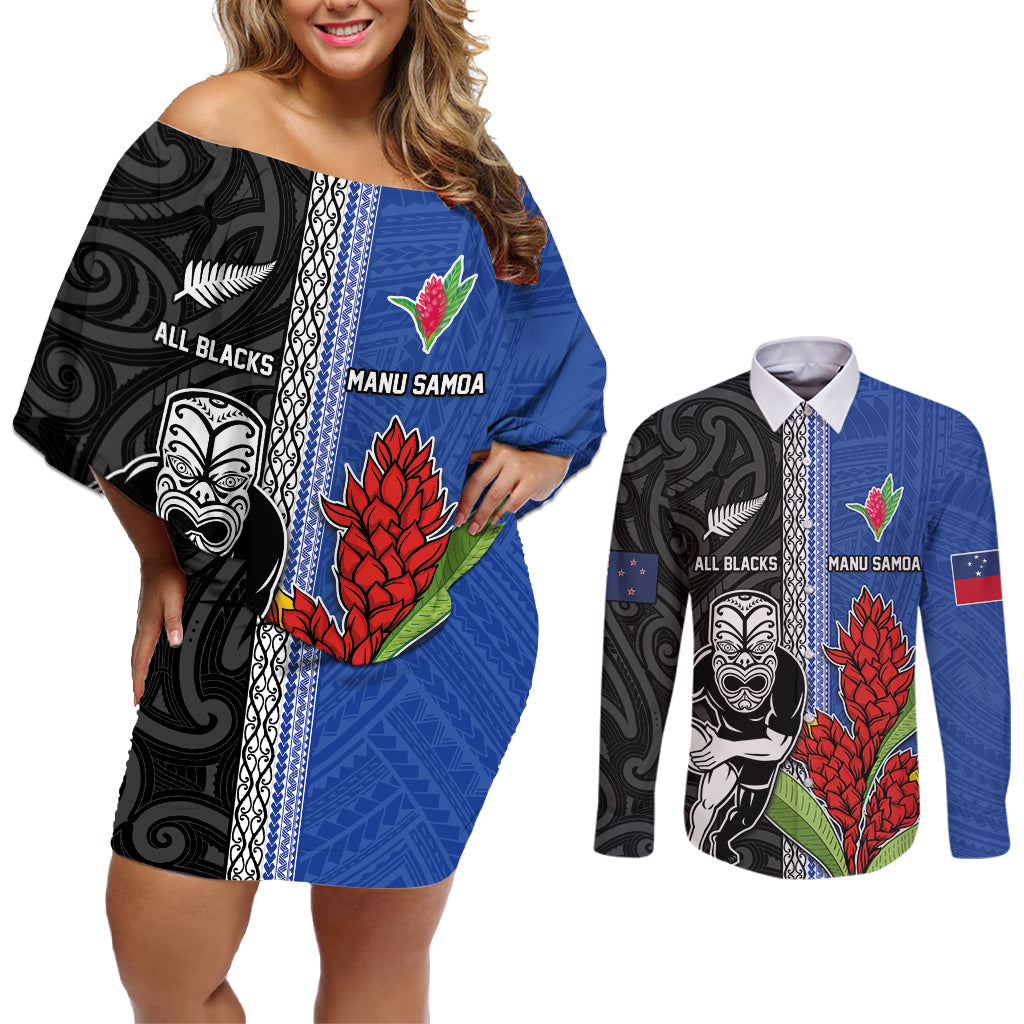 Custom Samoa and New Zealand Rugby Couples Matching Off Shoulder Short Dress and Long Sleeve Button Shirt Teuila Samoan and Maori Warrior LT03 Black - Polynesian Pride