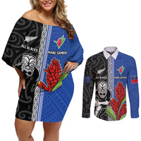 Custom Samoa and New Zealand Rugby Couples Matching Off Shoulder Short Dress and Long Sleeve Button Shirt Teuila Samoan and Maori Warrior LT03 Black - Polynesian Pride