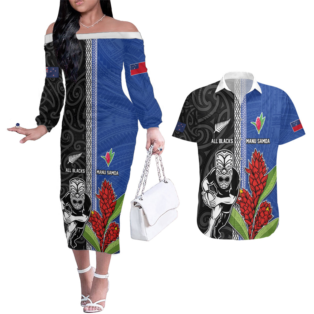 Custom Samoa and New Zealand Rugby Couples Matching Off The Shoulder Long Sleeve Dress and Hawaiian Shirt Teuila Samoan and Maori Warrior LT03 Black - Polynesian Pride