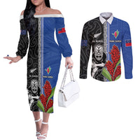 Custom Samoa and New Zealand Rugby Couples Matching Off The Shoulder Long Sleeve Dress and Long Sleeve Button Shirt Teuila Samoan and Maori Warrior LT03 Black - Polynesian Pride