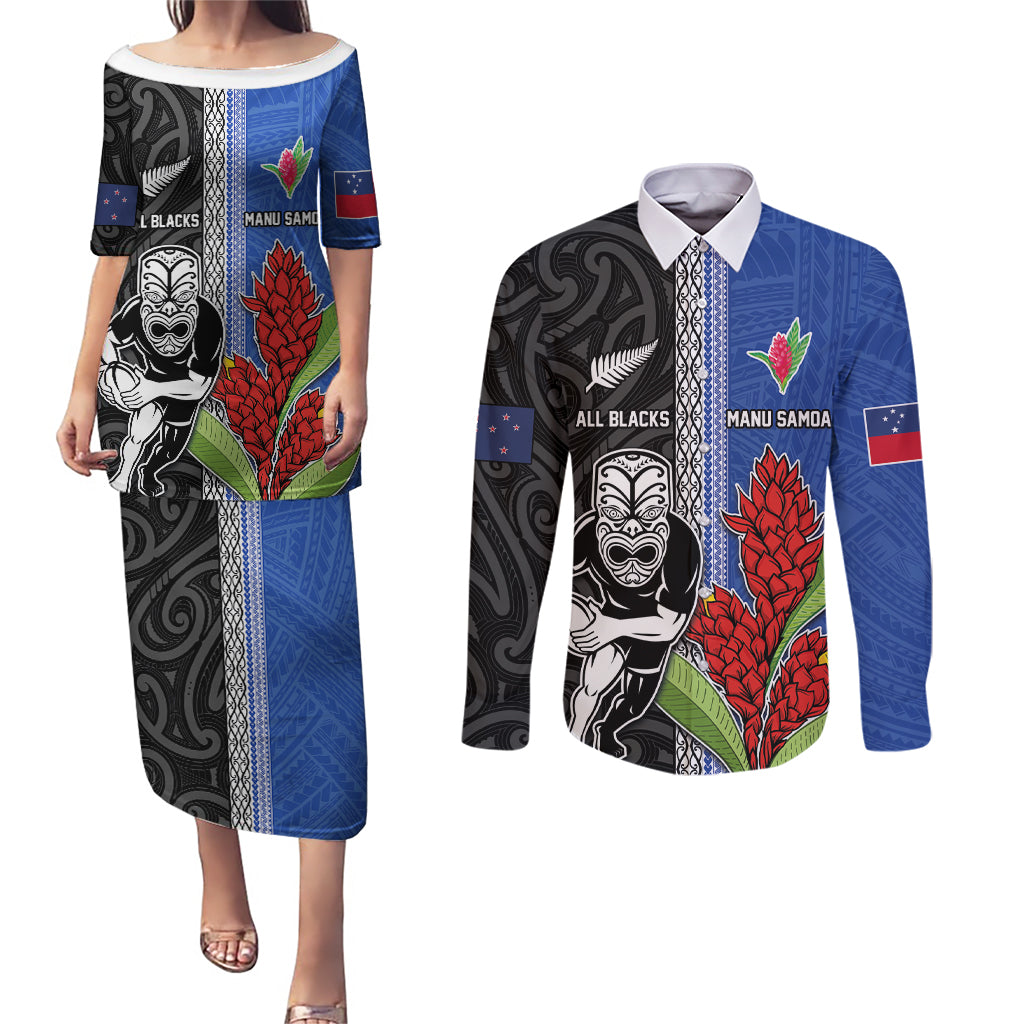 Custom Samoa and New Zealand Rugby Couples Matching Puletasi and Long Sleeve Button Shirt Teuila Samoan and Maori Warrior LT03 Black - Polynesian Pride