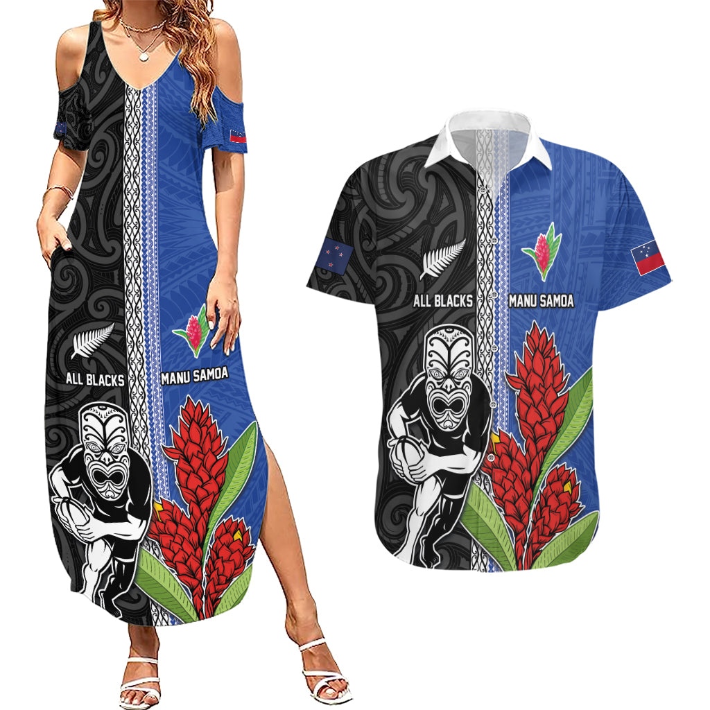 Custom Samoa and New Zealand Rugby Couples Matching Summer Maxi Dress and Hawaiian Shirt Teuila Samoan and Maori Warrior LT03 Black - Polynesian Pride