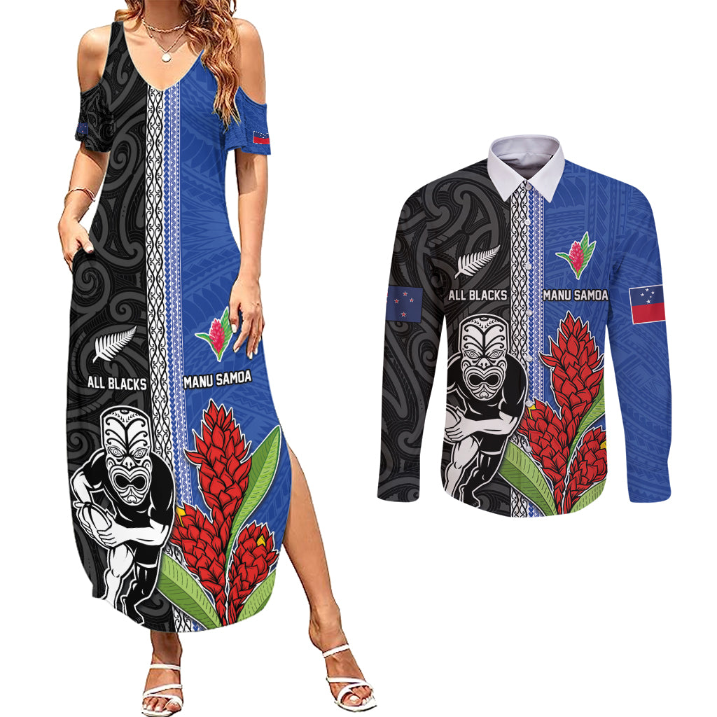 Custom Samoa and New Zealand Rugby Couples Matching Summer Maxi Dress and Long Sleeve Button Shirt Teuila Samoan and Maori Warrior LT03 Black - Polynesian Pride