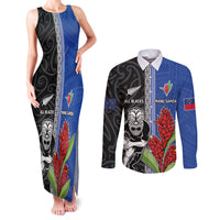 Custom Samoa and New Zealand Rugby Couples Matching Tank Maxi Dress and Long Sleeve Button Shirt Teuila Samoan and Maori Warrior LT03 Black - Polynesian Pride