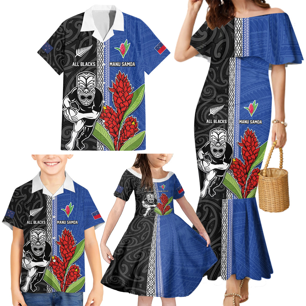 Custom Samoa and New Zealand Rugby Family Matching Mermaid Dress and Hawaiian Shirt Teuila Samoan and Maori Warrior LT03 - Polynesian Pride