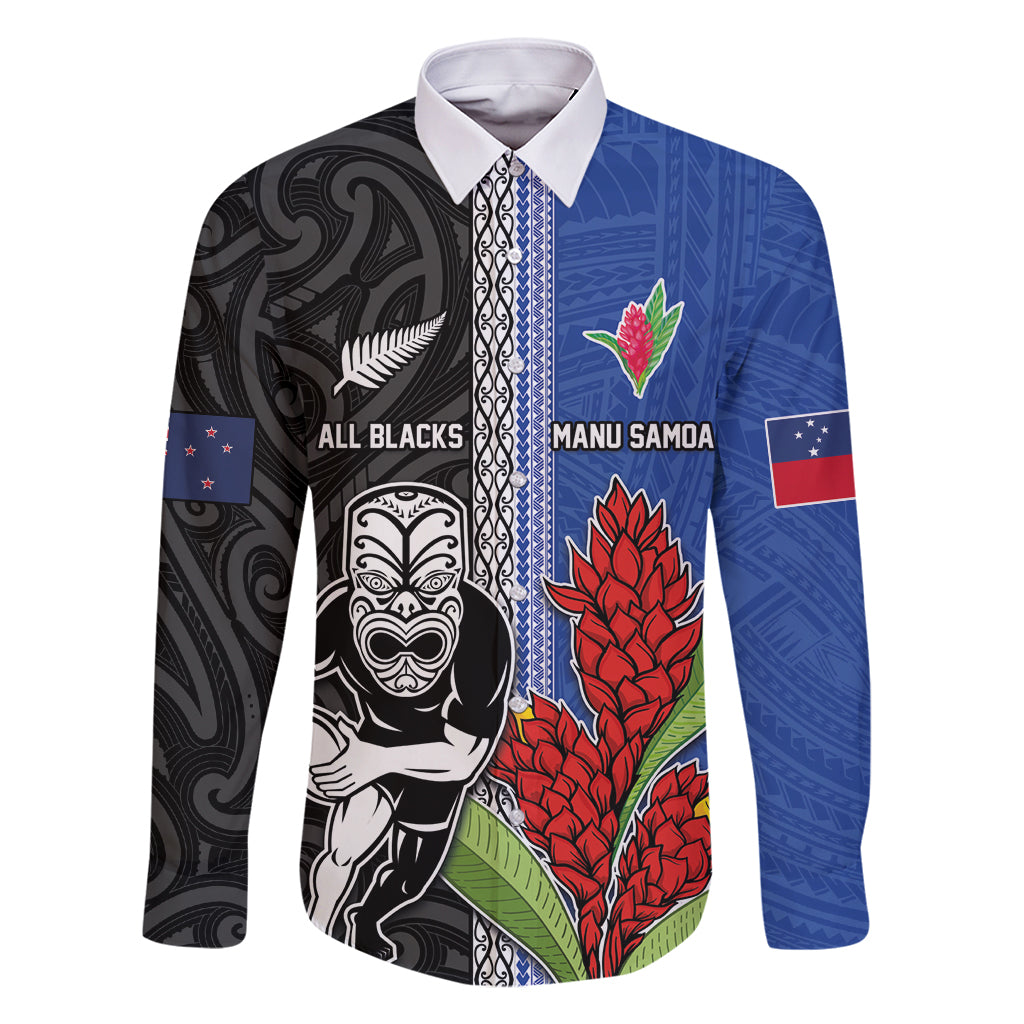 Custom Samoa and New Zealand Rugby Family Matching Mermaid Dress and Hawaiian Shirt Teuila Samoan and Maori Warrior LT03 Dad's Shirt - Long Sleeve Black - Polynesian Pride
