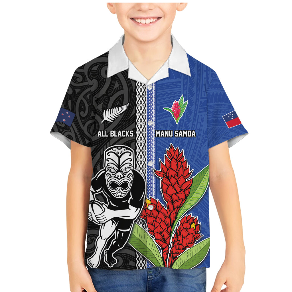 Custom Samoa and New Zealand Rugby Family Matching Mermaid Dress and Hawaiian Shirt Teuila Samoan and Maori Warrior LT03 Son's Shirt Black - Polynesian Pride