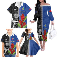Custom Samoa and New Zealand Rugby Family Matching Off The Shoulder Long Sleeve Dress and Hawaiian Shirt Teuila Samoan and Maori Warrior LT03 - Polynesian Pride
