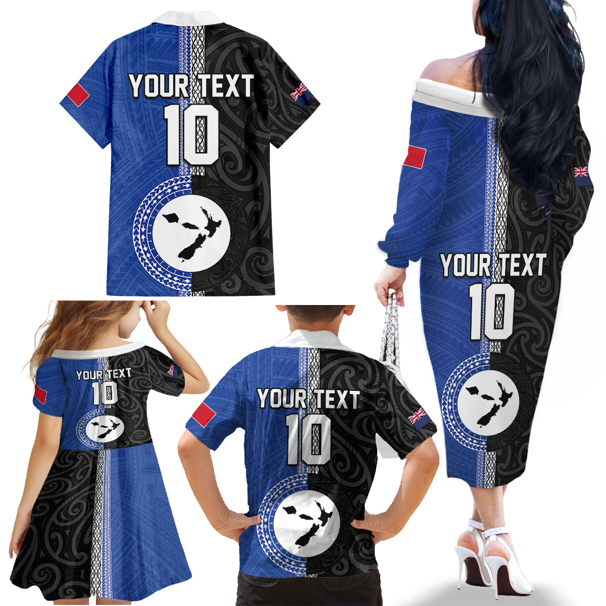 Custom Samoa and New Zealand Rugby Family Matching Off The Shoulder Long Sleeve Dress and Hawaiian Shirt Teuila Samoan and Maori Warrior LT03 - Polynesian Pride
