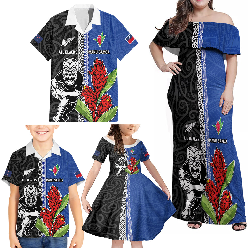 Custom Samoa and New Zealand Rugby Family Matching Off Shoulder Maxi Dress and Hawaiian Shirt Teuila Samoan and Maori Warrior LT03 - Polynesian Pride