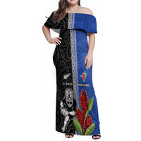 Custom Samoa and New Zealand Rugby Family Matching Off Shoulder Maxi Dress and Hawaiian Shirt Teuila Samoan and Maori Warrior LT03 Mom's Dress Black - Polynesian Pride