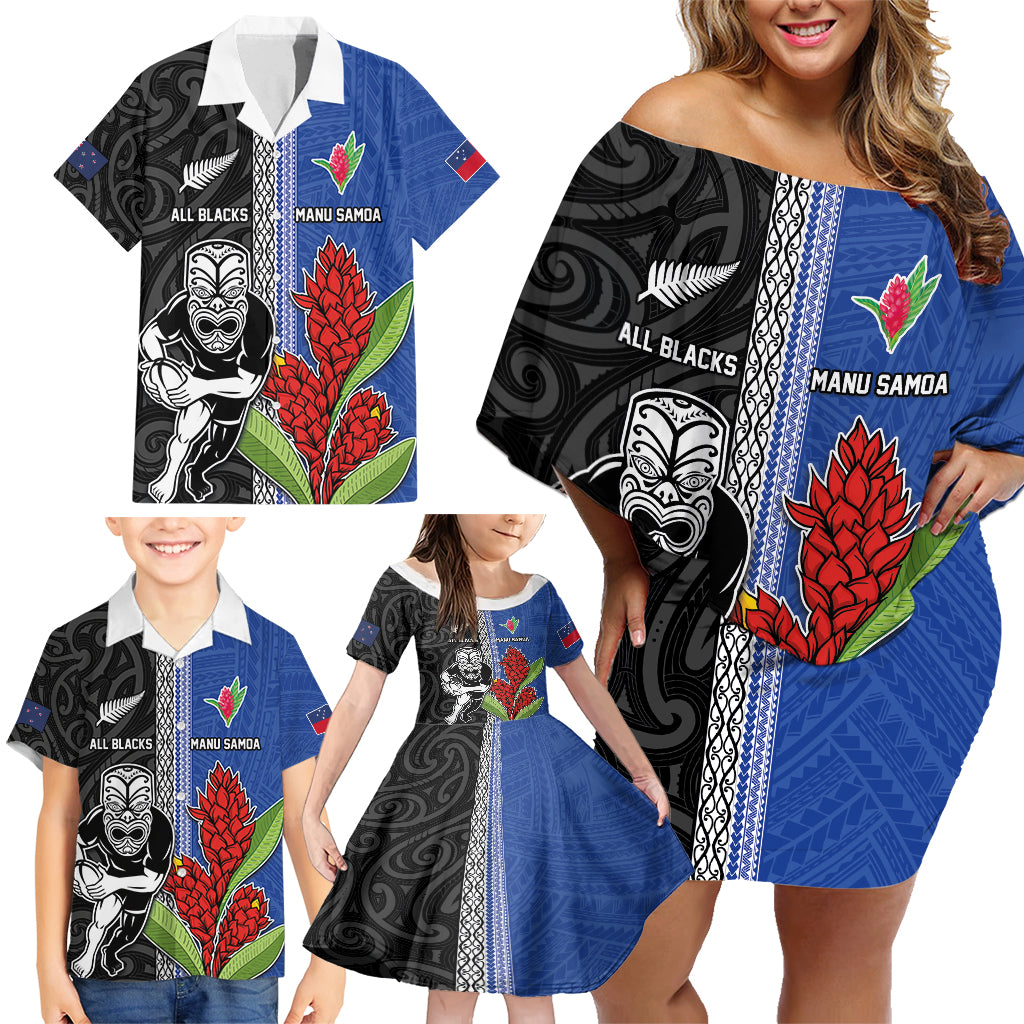 Custom Samoa and New Zealand Rugby Family Matching Off Shoulder Short Dress and Hawaiian Shirt Teuila Samoan and Maori Warrior LT03 - Polynesian Pride