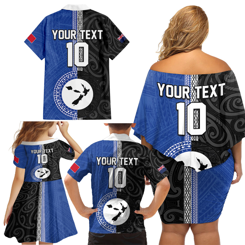 Custom Samoa and New Zealand Rugby Family Matching Off Shoulder Short Dress and Hawaiian Shirt Teuila Samoan and Maori Warrior LT03 - Polynesian Pride