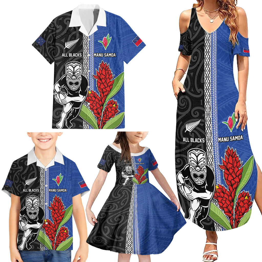 Custom Samoa and New Zealand Rugby Family Matching Summer Maxi Dress and Hawaiian Shirt Teuila Samoan and Maori Warrior LT03 - Polynesian Pride