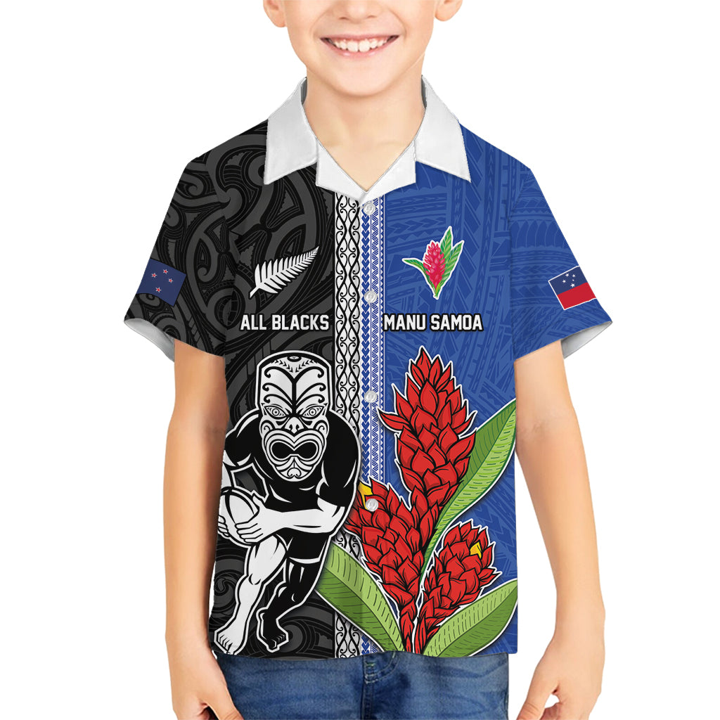 Custom Samoa and New Zealand Rugby Family Matching Summer Maxi Dress and Hawaiian Shirt Teuila Samoan and Maori Warrior LT03 Son's Shirt Black - Polynesian Pride