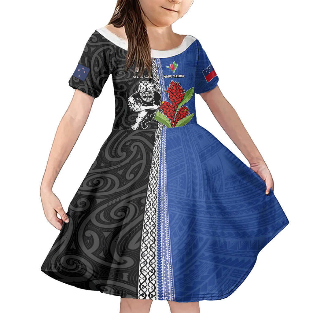 Custom Samoa and New Zealand Rugby Family Matching Tank Maxi Dress and Hawaiian Shirt Teuila Samoan and Maori Warrior LT03 Daughter's Dress Black - Polynesian Pride