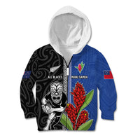 Custom Samoa and New Zealand Rugby Kid Hoodie Teuila Samoan and Maori Warrior LT03 Zip Hoodie Black - Polynesian Pride